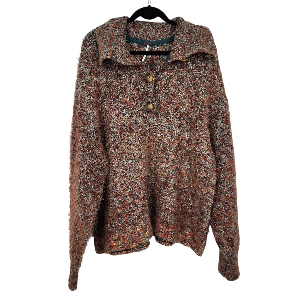 Free People Stella Brown Multicolor Marled 1/4 Button Pullover Sweater Size XL